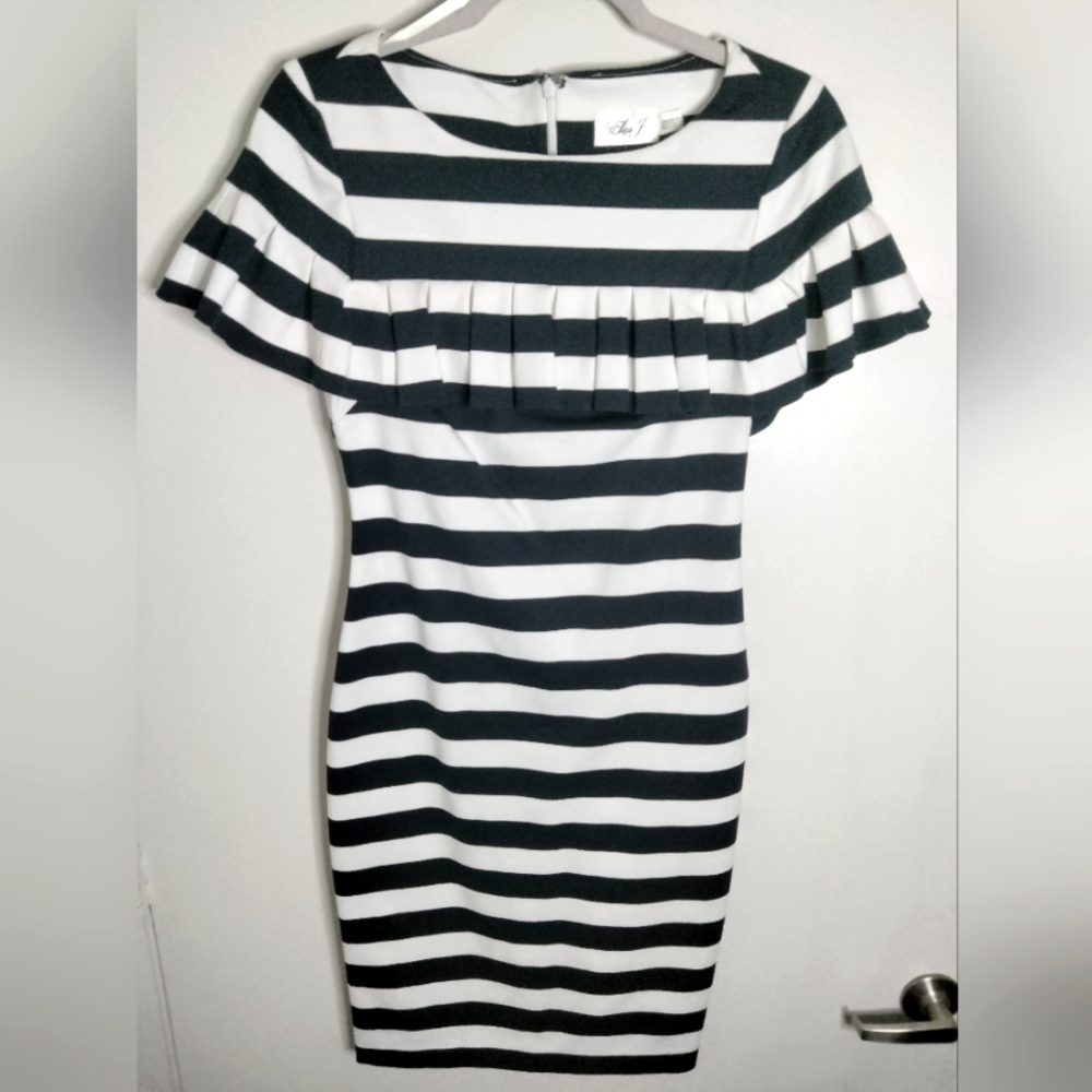 Eliza J (Sz 4) Navy Blue & White Stripe Top Ruffle Overlay Nautical Sheath Dress